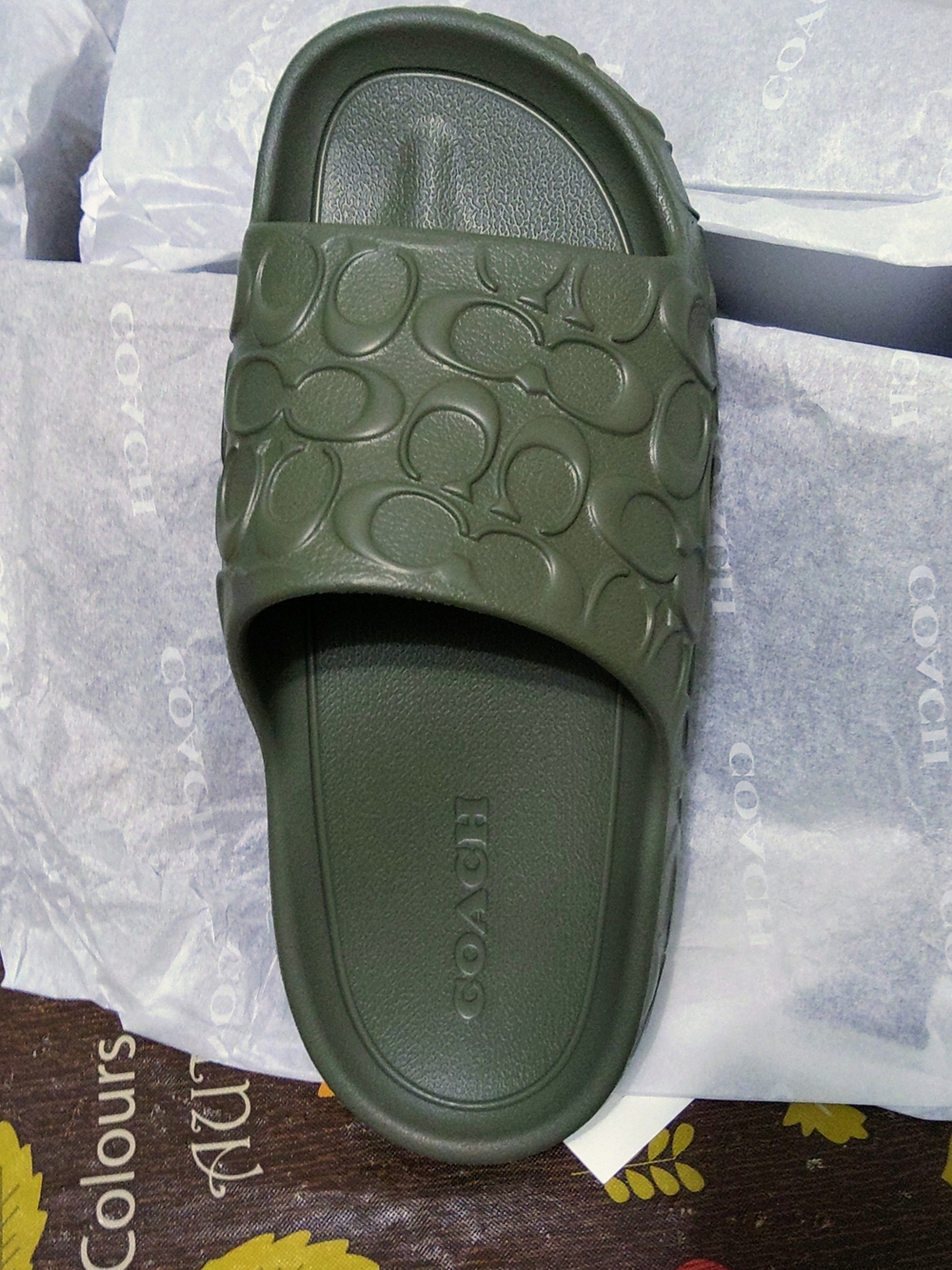 Coach Olive Green Embossed Logo Slide